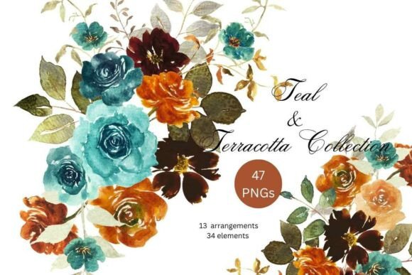 Download Teal &amp; Terracotta Watercolor Floral PNG - Color Collection